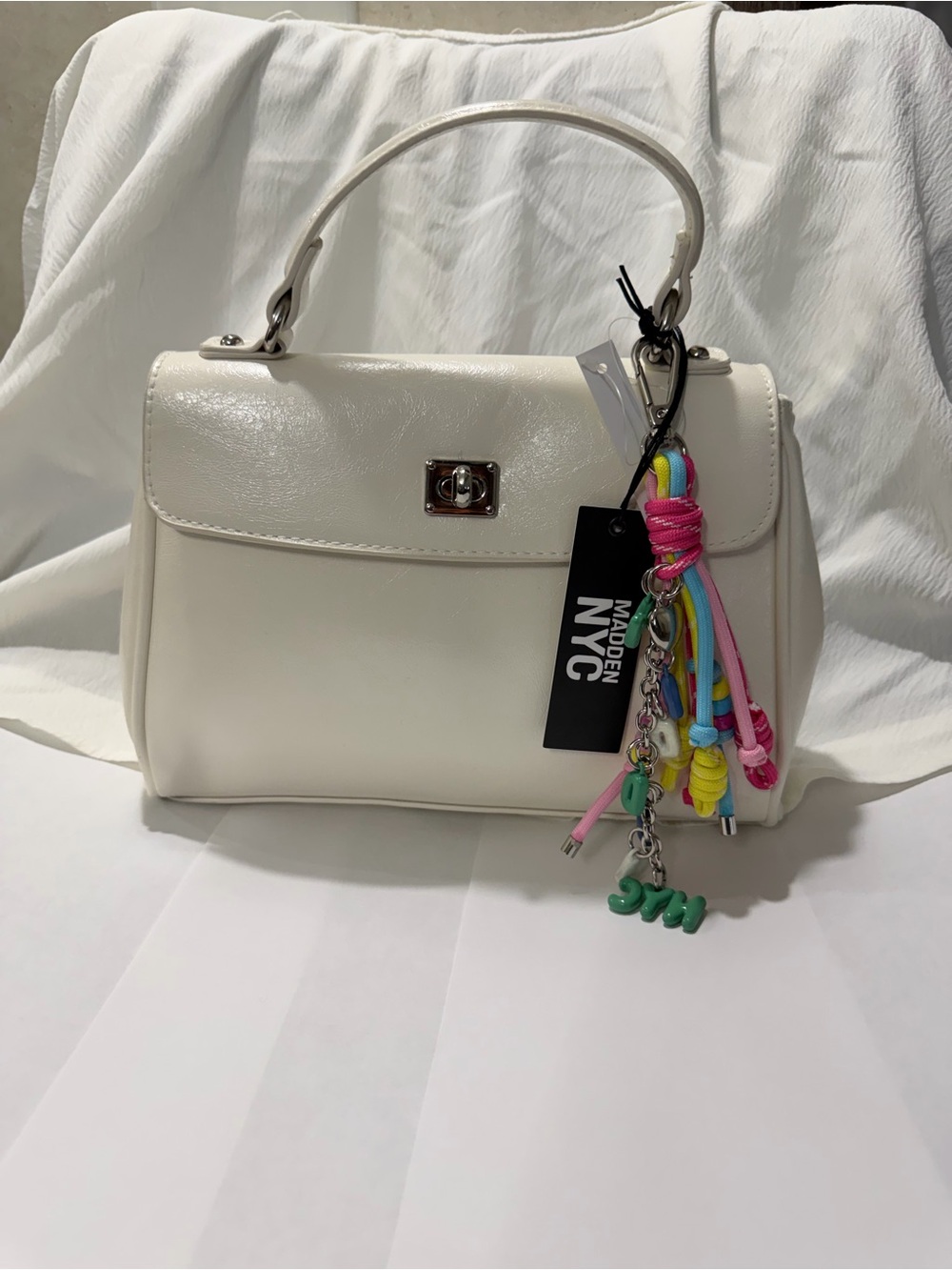 Madden NYC White Top-Handle Satchel with Colorful Charm